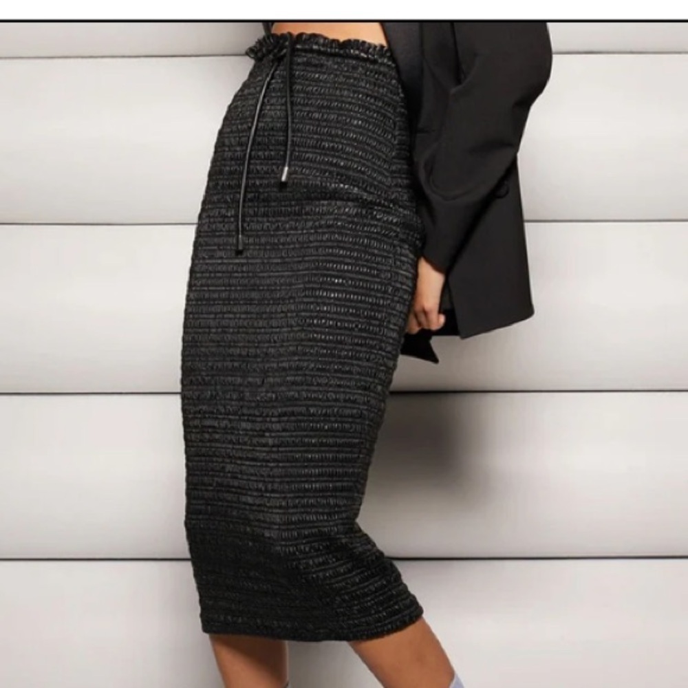 A.L.C. Smocked Vegan Leather Jaclyn Black Pencil Skirt 00 Goth Designer Luxury